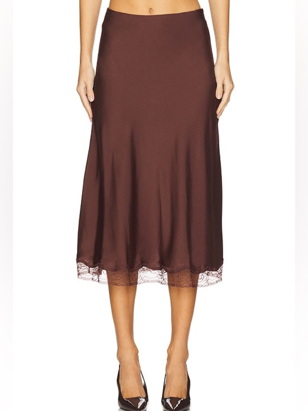 BA&SH | Cilia Chocolate Brown Lace Trim Satin Midi Skirt Size: 38